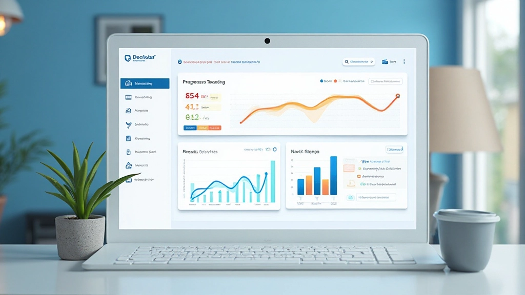 Dashboard interface met vier kernprincipes visueel weergegeven: helderheid, hiërarchie, progressie en acties