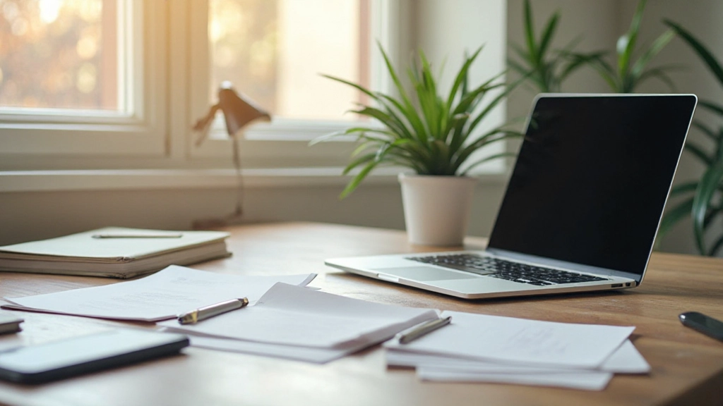 Moderne e-learning werkplek met laptop en notities, heldere verlichting, schoon bureau met technologie