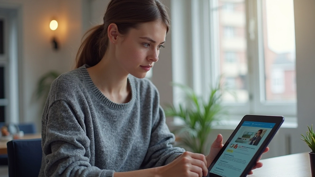 Student interactief bezig met online cursusmateriaal op tablet met videospeler en quizelementen zichtbaar