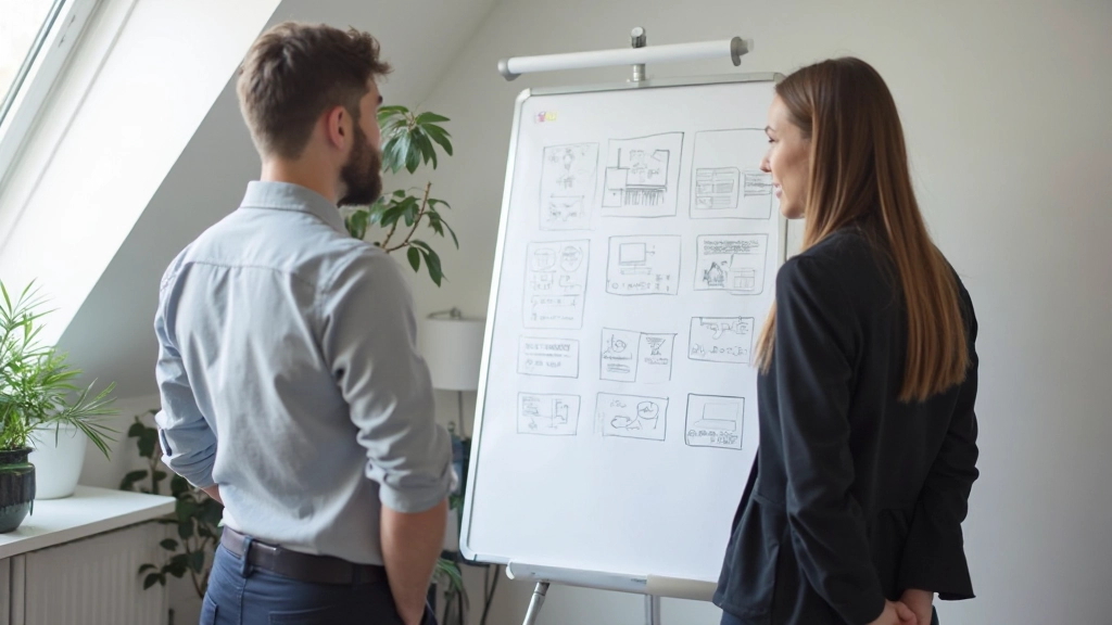 Twee personen kijken naar whiteboard met UX wireframes en user journey mapping voor leerplatform