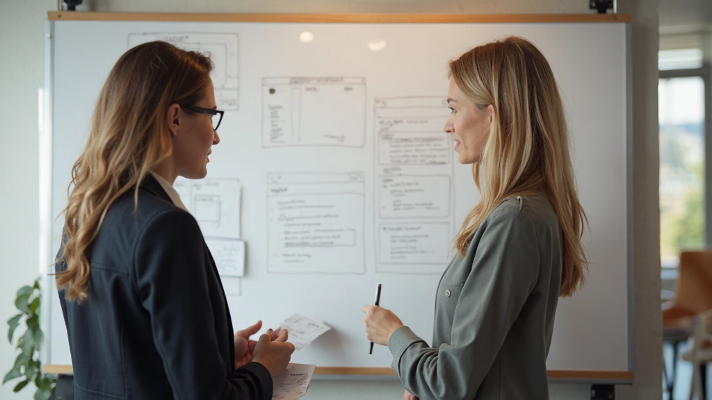 Twee professionals bekijken whiteboard met UX wireframes en user journey mapping voor leerplatform