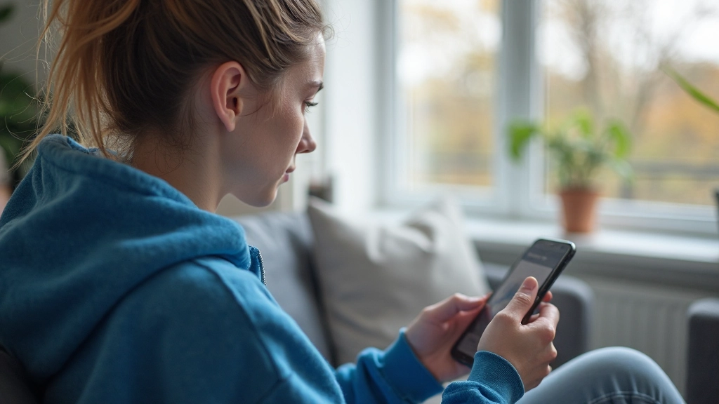 Student kijkt naar e-learning content op smartphone terwijl ze op de bank zit, met aandacht gericht op het leren